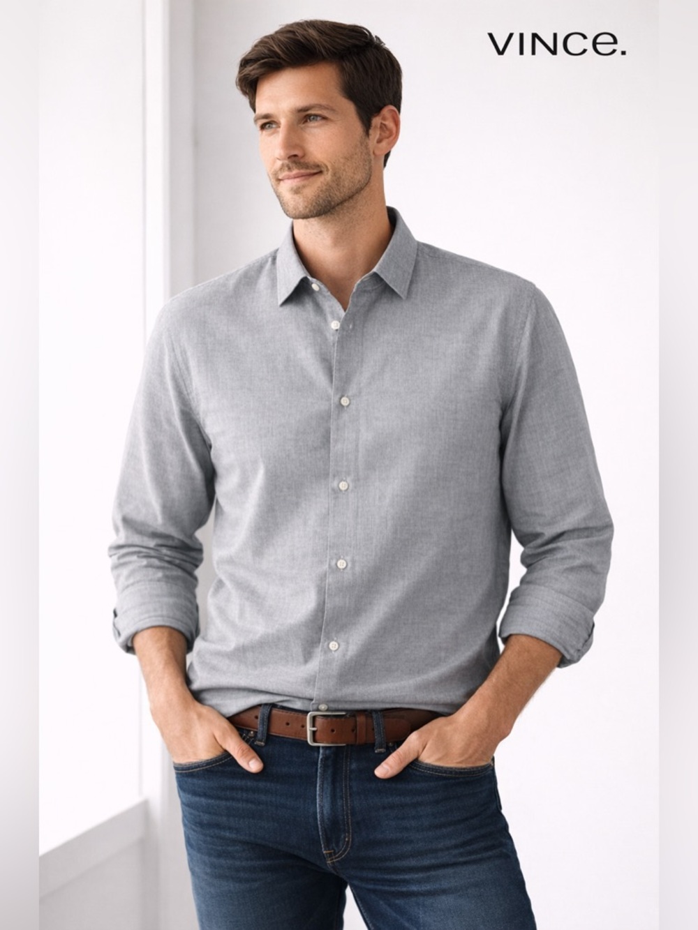Vince Light Grey Long-Sleeve Button-Down Shirt BB12